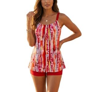 Women's Red Patterned Swim Tankini Size Large